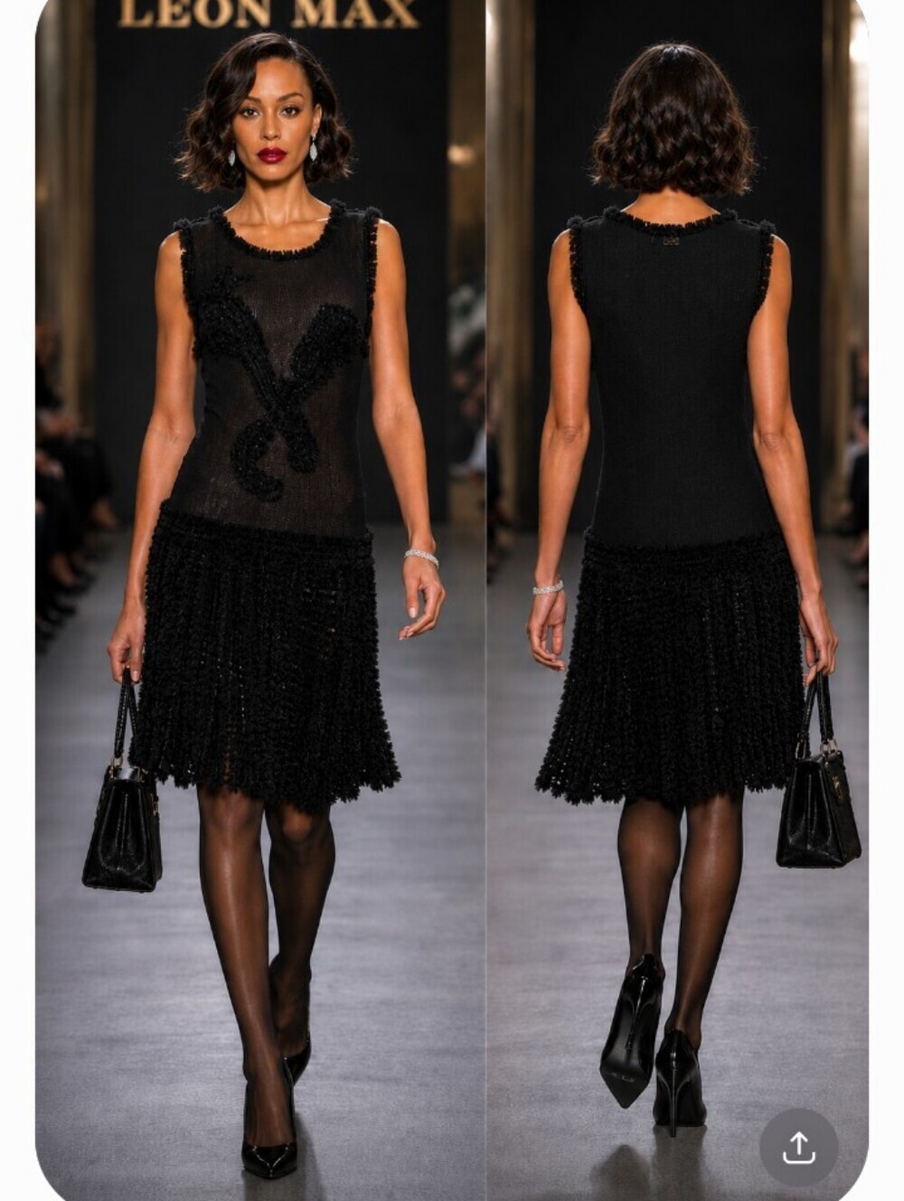 LEON MAX LIMITED EDITION BLACK M L RAISED SOUTACHE CHENILLE SILK FIT FLARE DRESS - Picture 9 of 15